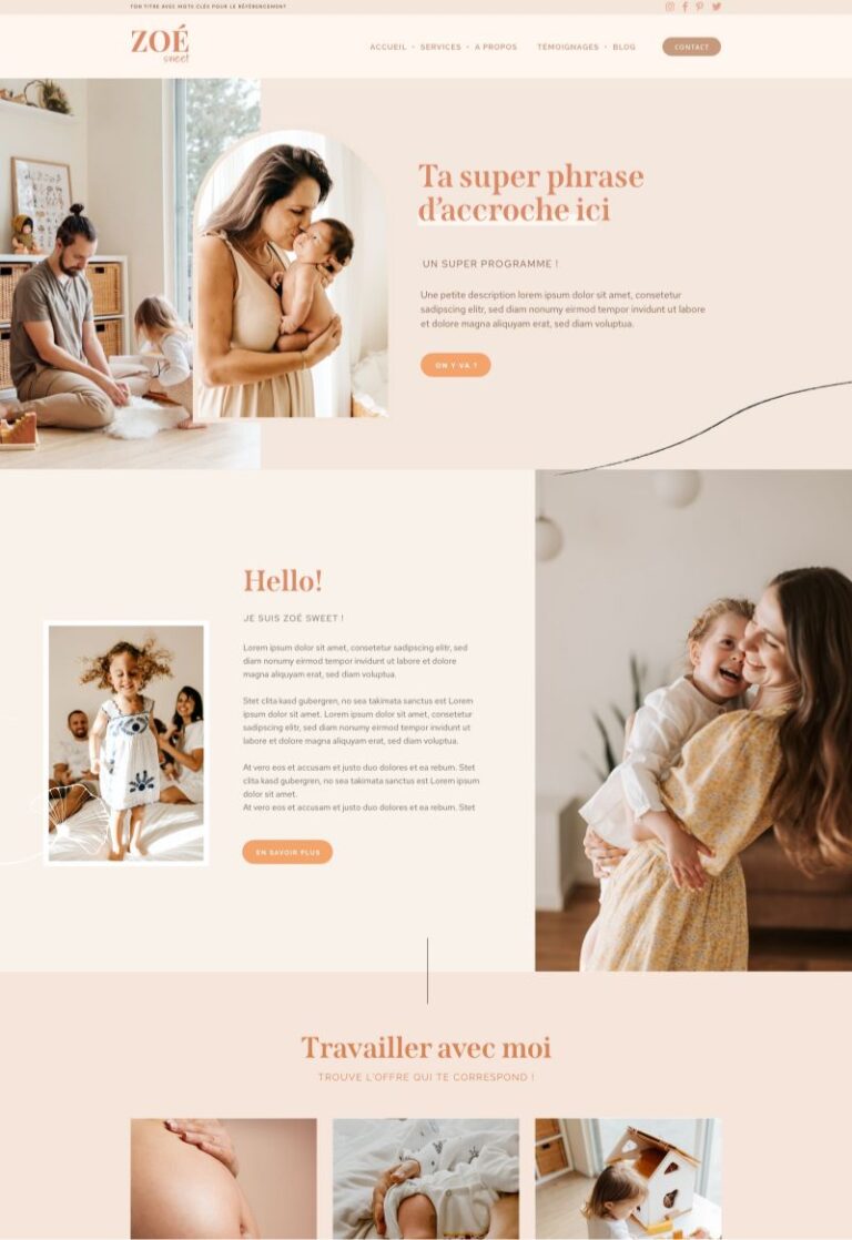 Template WordPress Elementor thérapeute, féminin, doux, beige. Webdesigner WordPress