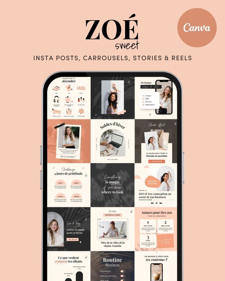 Templates Instagram coach, vente en ligne, digital business, rouge, noir, rose, girlboss, dynamique, sweet, Canva