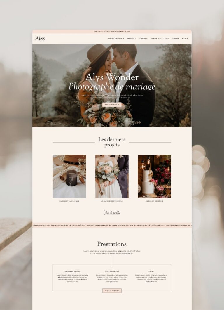 Alys template WordPress portfolio graphiste photographe, thème WordPress Elementor, template kit freelance