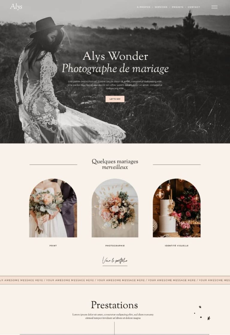 Template WordPress photographe portfolio, Alys. Theme Elementor pro
