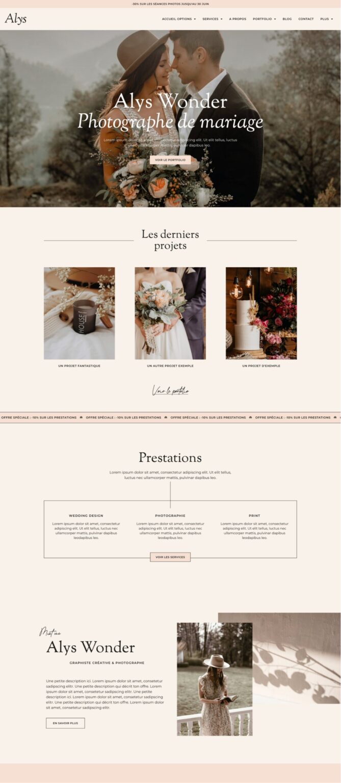 Alys theme WordPress portfolio photographe, thème WordPress Elementor premium, template kit freelance