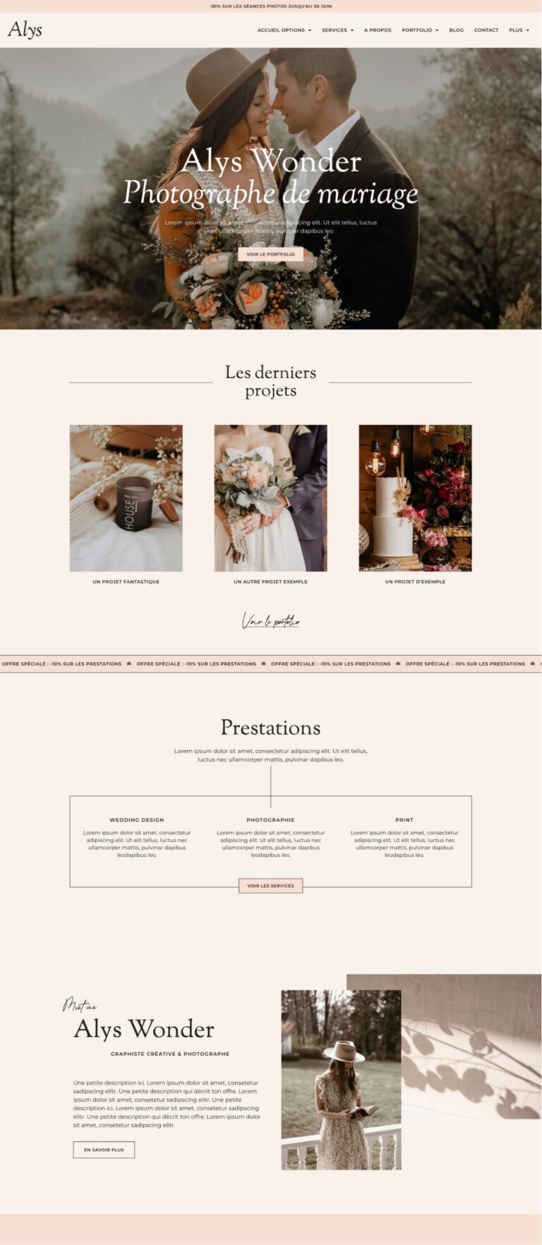 Alys theme WordPress portfolio photographe, thème WordPress Elementor premium, template kit freelance