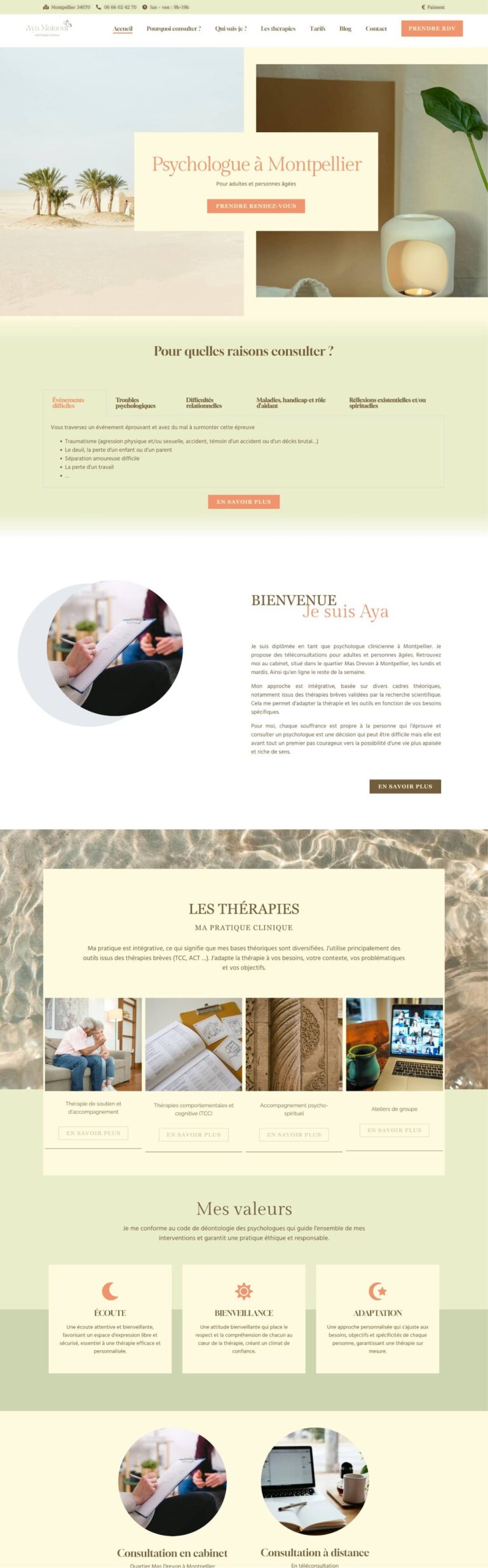 Aya Psychologue, template Elementor WordPress thérapeute