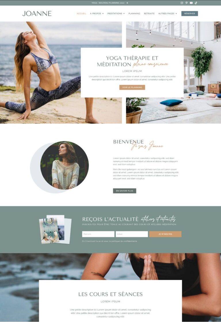 Template WordPress Yoga fitness, Elementor Site Kit, thérapeute, planning, bien-être