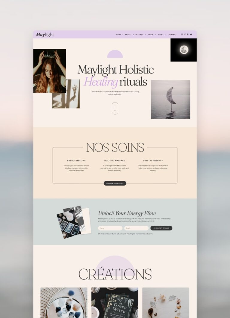 Mayflow, Template Elementor wellness coach, bien-être, therapeuthe, spirituel, violet, moderne et holistique