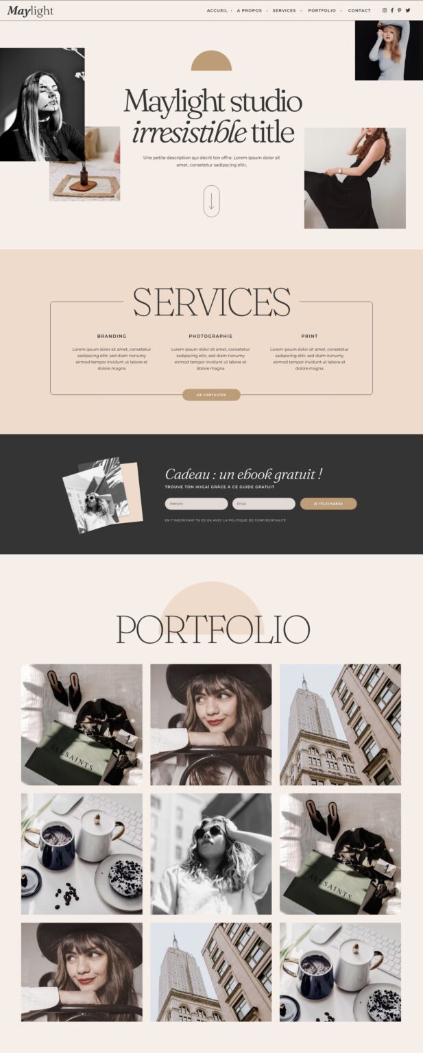 Template WordPress One Page - Elementor template kit onepage - thème WordPress féminin chic