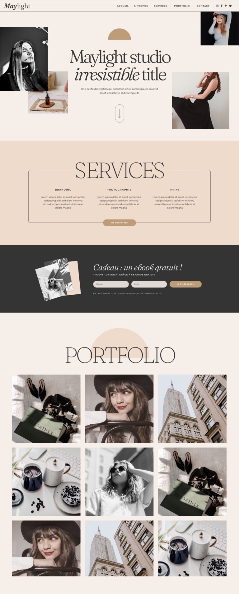 Template WordPress One Page - Elementor template kit onepage - thème WordPress féminin chic