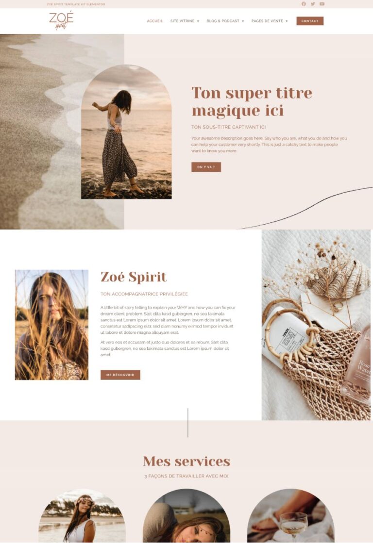 Zoé Spirit template WordPress Elementor, coach de vie, spirituel, bien-être, spiritualité, féminin, nude, épuré, thème wordpress