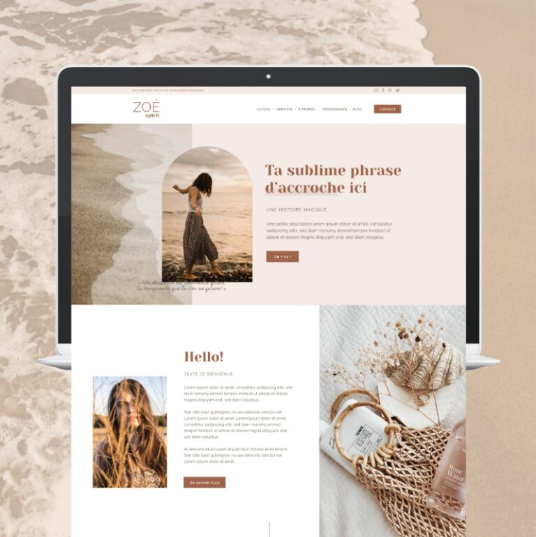 Zoé Spirit template kit Elementor WordPress, coach de vie, spirituel, bien-être, spiritualité, féminin, nude, épuré, thème wordpress Elementor pro