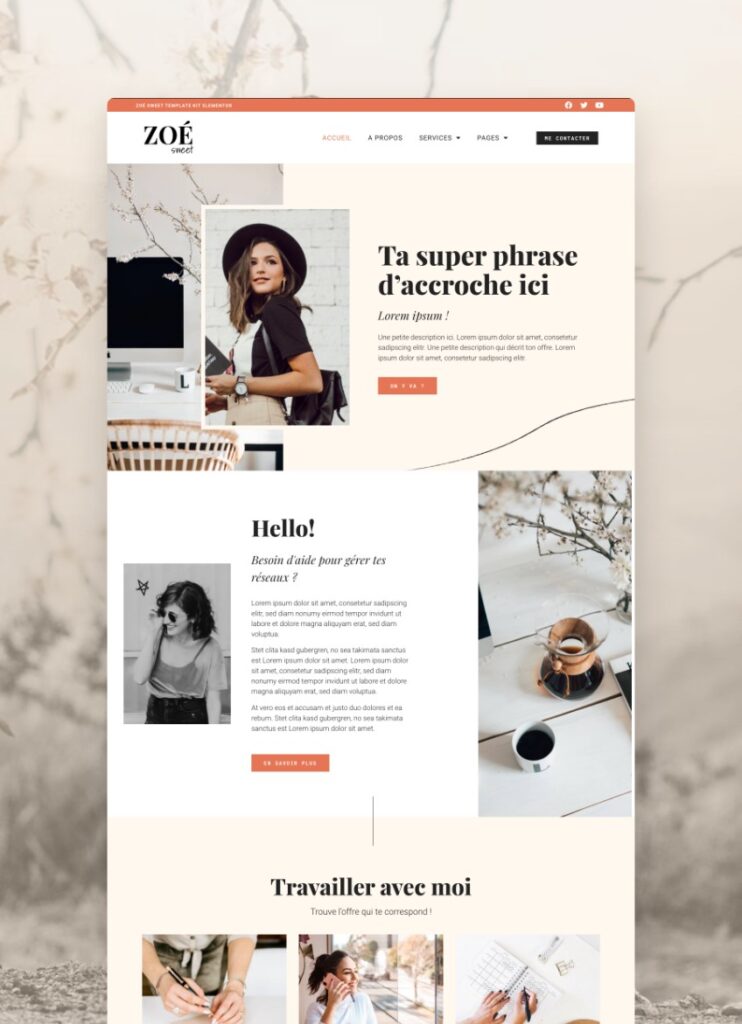 Zoe Sweet feminine Elementor website template, WordPress Theme for coach