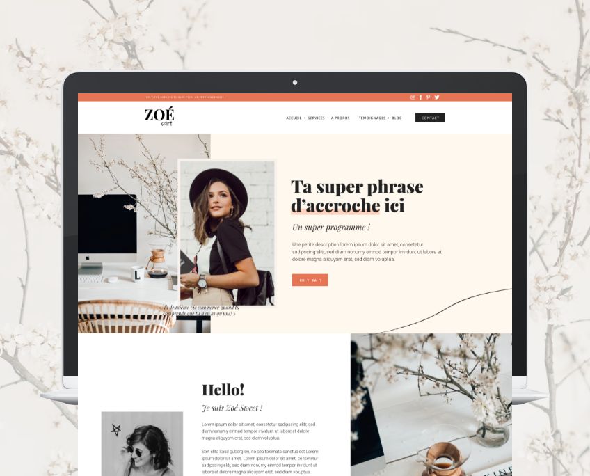 Zoé Sweet Template de site WordPress Elementor - template kit Elementor - site internet personnalisé pour community manager, cm, redactrice web, entrepreneuse, girlboss